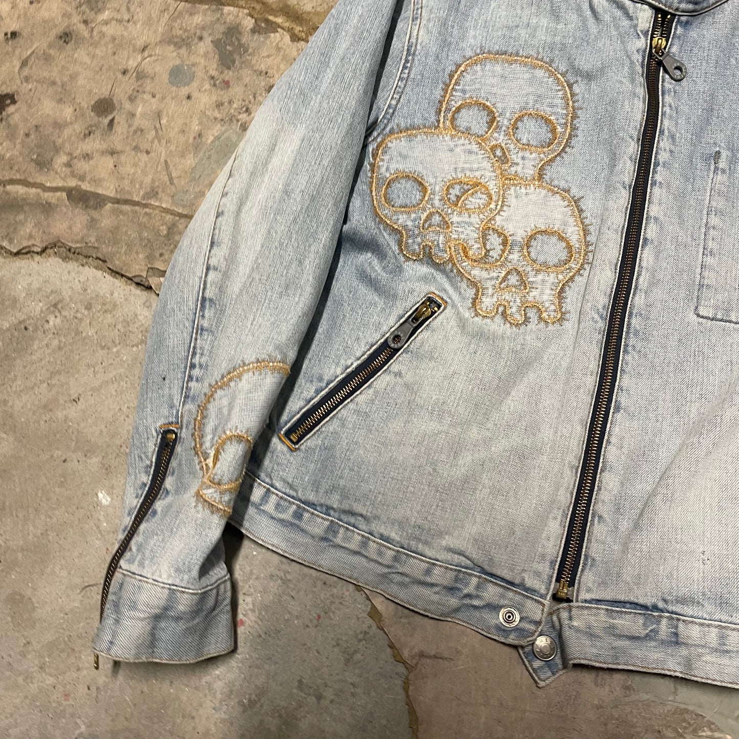 Fake London Genius Skull Patch Denim Rider Jacket