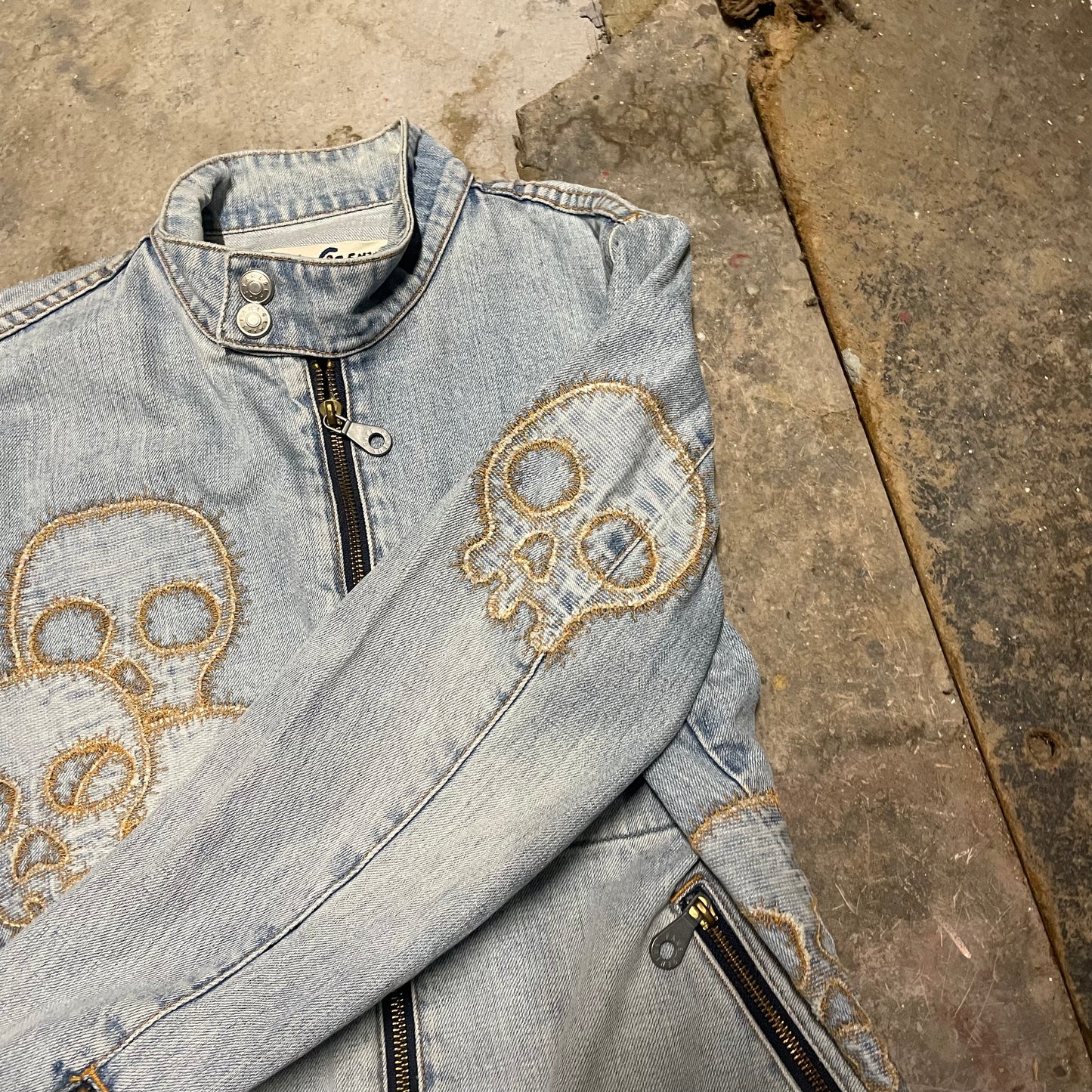 Fake London Genius Skull Patch Denim Rider Jacket