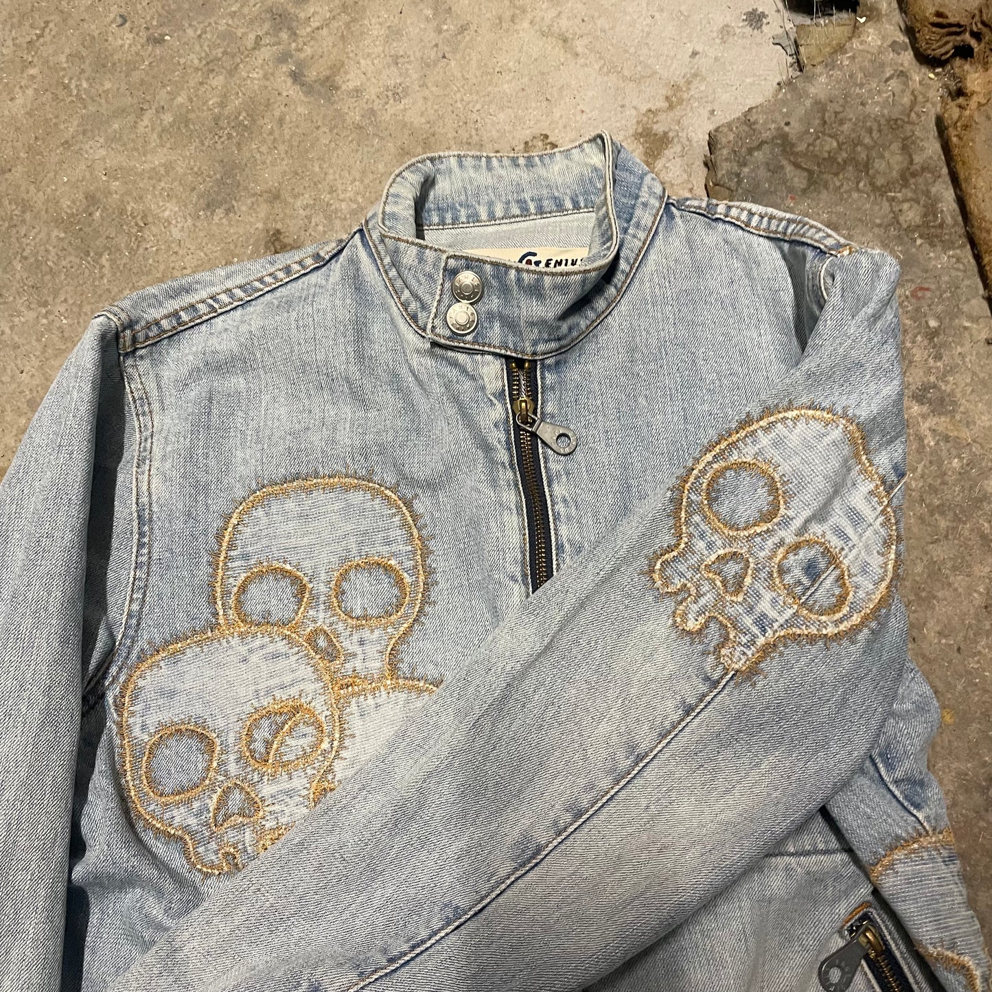 Fake London Genius Skull Patch Denim Rider Jacket