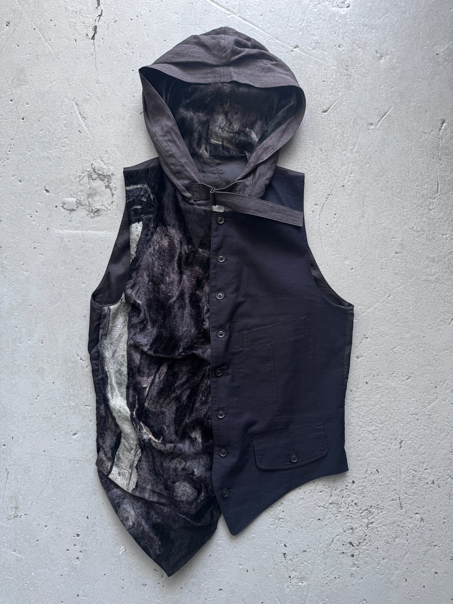 yohji yamamoto pour homme fur drape and linen hooded waistcoat M