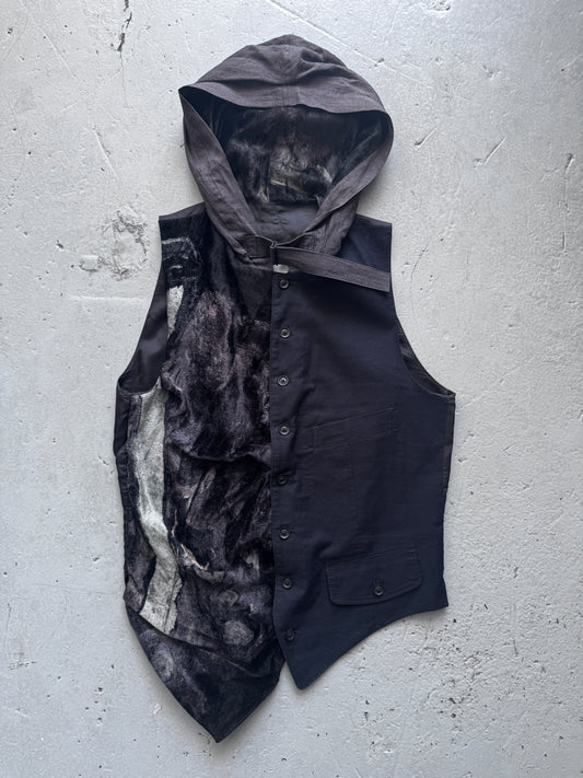 yohji yamamoto pour homme fur drape and linen hooded waistcoat M