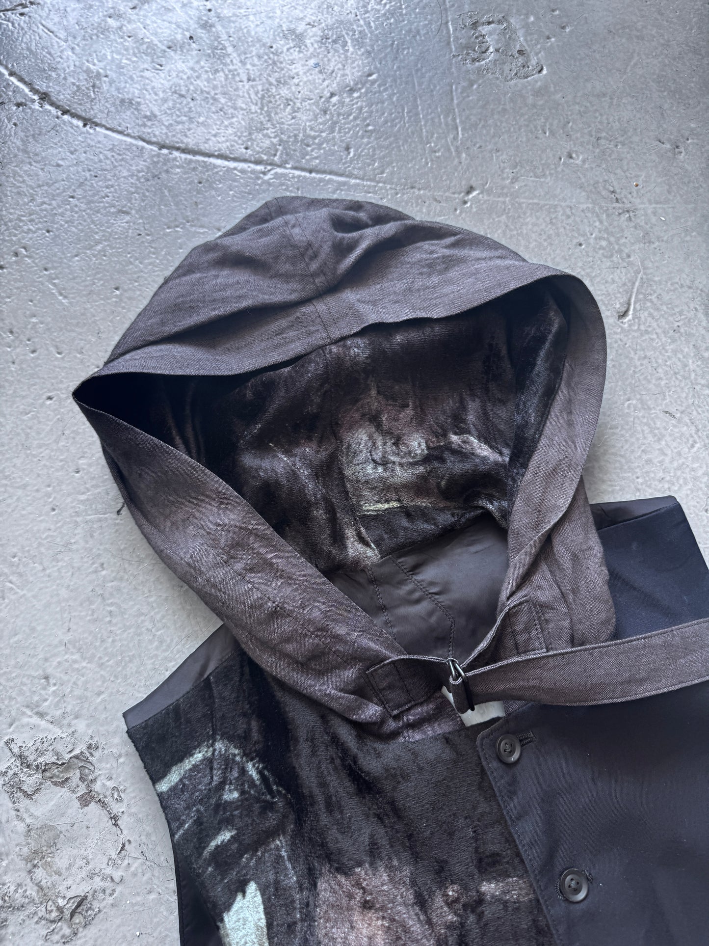 yohji yamamoto pour homme fur drape and linen hooded waistcoat M