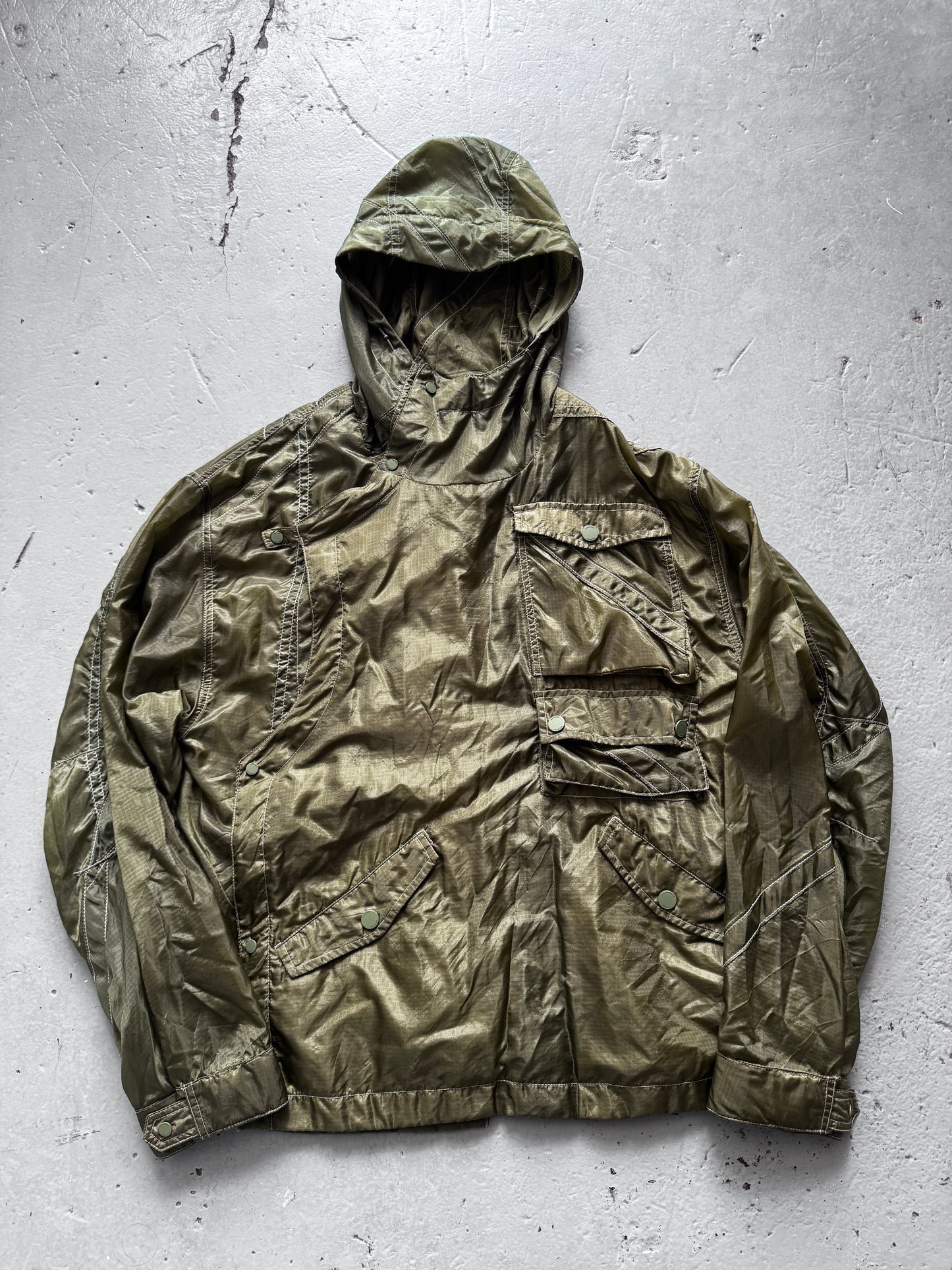 maharishi sheer textile cross front parka